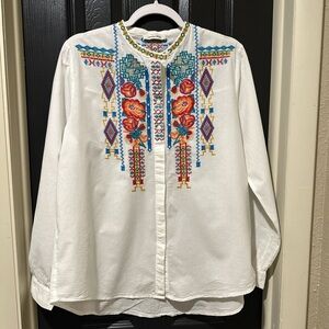 American Bling brand. White blouse with vibrant embroidery. Large